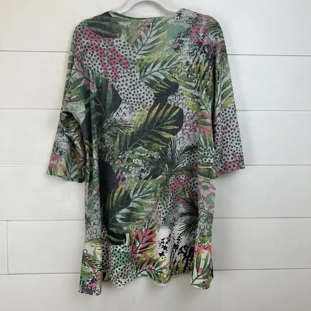 INOAH‎ Knit Tropical Artsy Abstract Colorful Tunic Top Women L USA Mix Media Hem